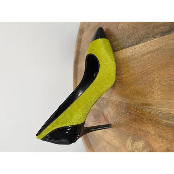 NWB Giuseppe Zanotti Lime Green Suede Black Patent Cap Toe Pointed Pumps Size 5 - Picture 3 of 14